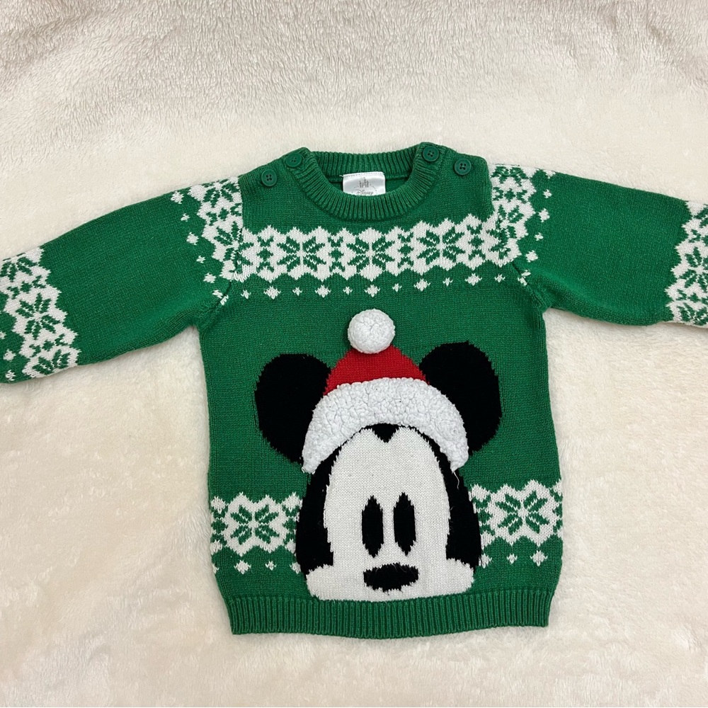 Disney Green and White Kids Sweater with Mickey Design